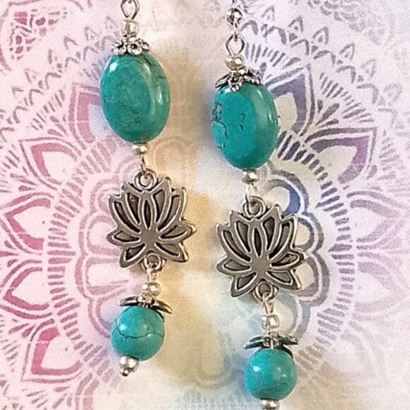 LOTUS MEDITATION EARRINGS, TURQUOISE MAGNESITE, SILVERY - Picture 4 of 7